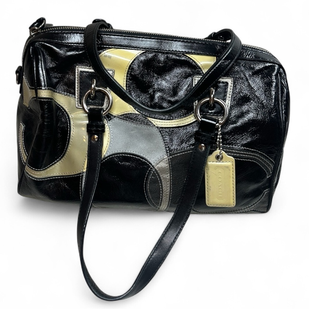 Coach Black Patent Inlaid Leather & Suede Cs Satchel Handbag